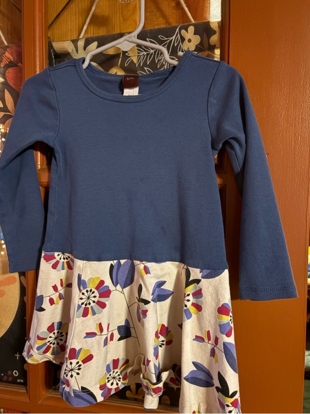 Tea Collection Navy Long-Sleeve Dress with Floral Cream Skirt